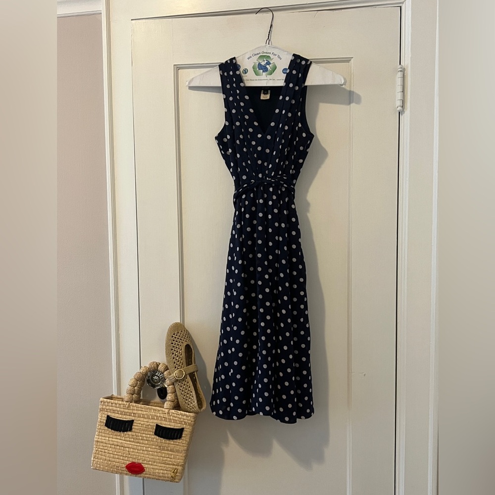 J Crew Navy Polka Dot Sleeveless Midi Dress with tie - Size 00 - Excellent Cond.